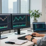 Trader using MetaTrader 4 to analyze forex charts in a modern office, showcasing trading strategies and market data.