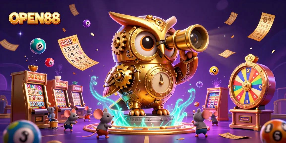 Engage in the captivating world of OPEN88 with a detailed 3D casino scene full of vibrant games.