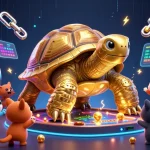 Engage with link gacor slots in a vibrant casino scene featuring a colossal golden tortoise and dynamic game elements.