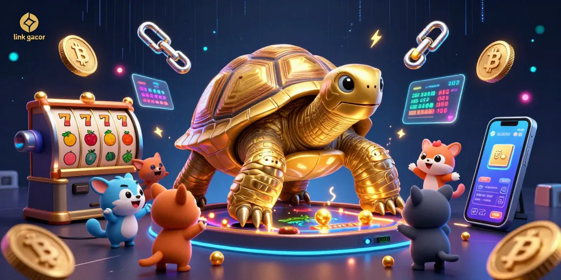 Engage with link gacor slots in a vibrant casino scene featuring a colossal golden tortoise and dynamic game elements.