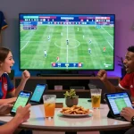 Sports fans engaging with TEMPOTOTO betting platform during the 2026 World Cup in a lively atmosphere.