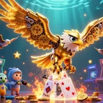 Experience Lucky88 with a vibrant 3D cybernetic eagle diving through holographic cards and casino elements.