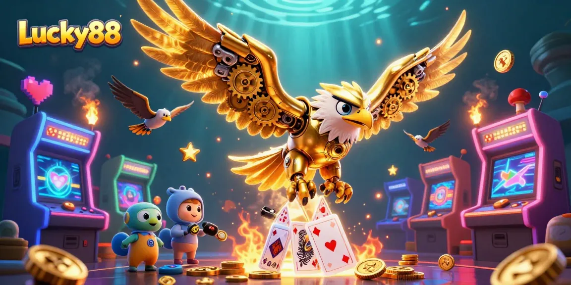Experience Lucky88 with a vibrant 3D cybernetic eagle diving through holographic cards and casino elements.