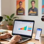 YouTube Views kaufen: Kreativer Content Creator arbeitet in modernem Home Office an YouTube Analytics.
