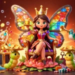Play and win big at RR88 casino with vibrant, fantastical 3D butterfly queen and colorful gaming elements.