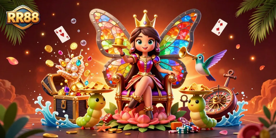 Play and win big at RR88 casino with vibrant, fantastical 3D butterfly queen and colorful gaming elements.