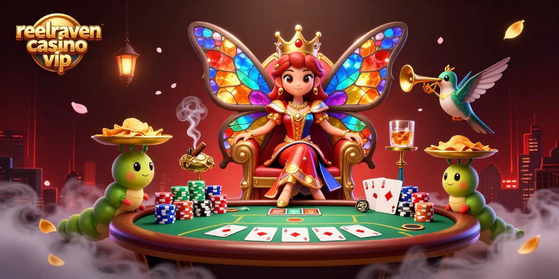 Reelraven casino vip : Empilez des jetons de poker avec style dans un casino animé.