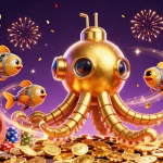 Plongez dans l'univers fascinant du casino en ligne avec ce kraken doré entouré de pièces et de jeux.