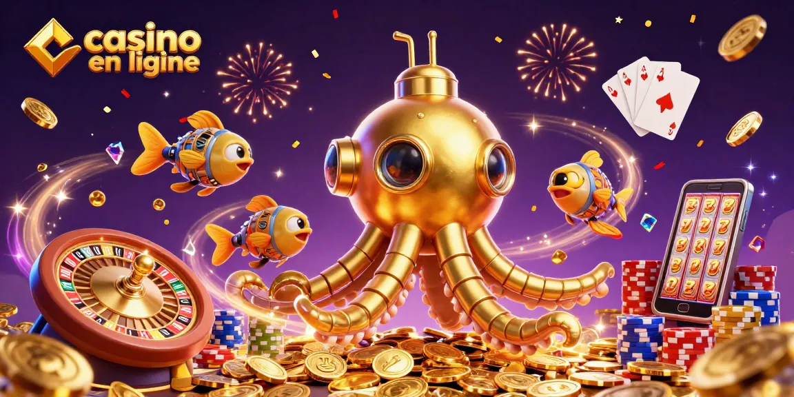 Plongez dans l'univers fascinant du casino en ligne avec ce kraken doré entouré de pièces et de jeux.