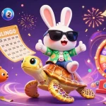 MPO08 promotes an exciting betting atmosphere with a lucky rabbit and golden turtle amidst dynamic casino elements.