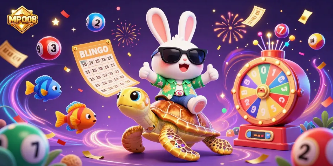 MPO08 promotes an exciting betting atmosphere with a lucky rabbit and golden turtle amidst dynamic casino elements.
