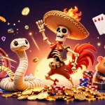 Casino en ligne : danse d'un rooster mariachi entouré de pièces d'or et de jeux de cartes