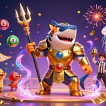 Slot gacor dengan hiu kartun mengamuk dalam pertempuran pinggir laut, memikat perhatian dengan kerumunan ikan kecil.