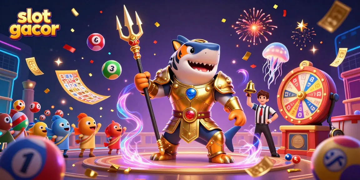 Slot gacor dengan hiu kartun mengamuk dalam pertempuran pinggir laut, memikat perhatian dengan kerumunan ikan kecil.