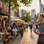 How To Buy Top Quality Marijuana In Frankfurt, Germany If You’re A Tourist? A tourist exploring vibrant Frankfurt's cannabis scene while holding a guidebook and smartphone.
