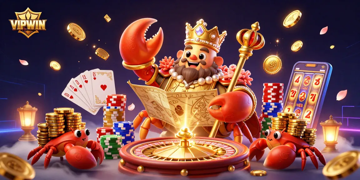 Spin the reels at VIPWIN with the golden crab emperor amidst shimmering coins.