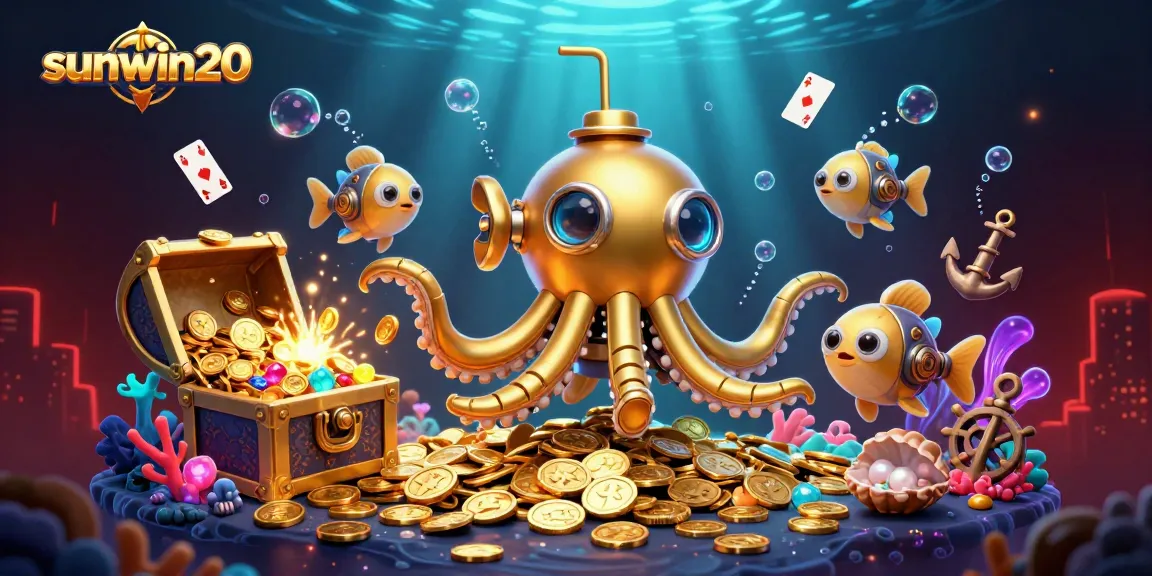 Experience the thrill of sunwin20 with vibrant underwater elements and a golden submarine in action.