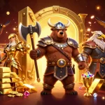 Experience thrilling wins with BTY9234's Viking heroes surrounded by sparkling treasure and slot reels.