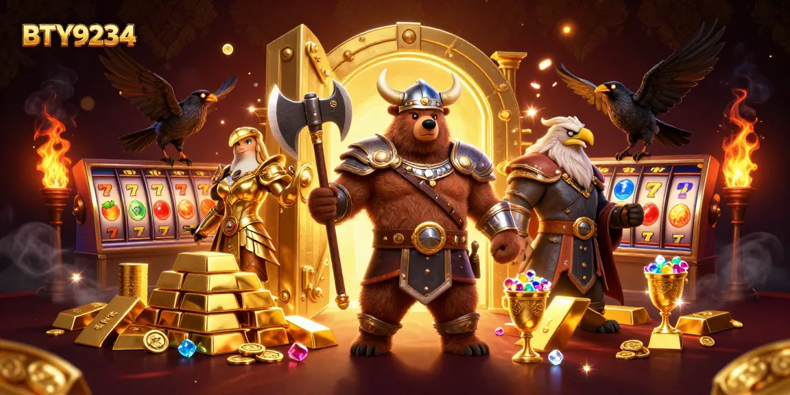 Experience thrilling wins with BTY9234's Viking heroes surrounded by sparkling treasure and slot reels.