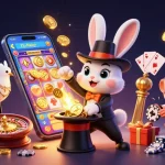 Engaging scene showcasing LODE88 with a magician rabbit, glamorous dove, and monkey among casino elements.
