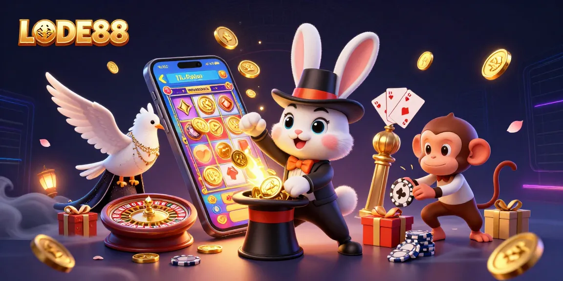 Engaging scene showcasing LODE88 with a magician rabbit, glamorous dove, and monkey among casino elements.