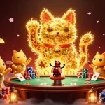 Une illustration dynamique de feuillages dorés en forme de chat porte-bonheur au casino en ligne.