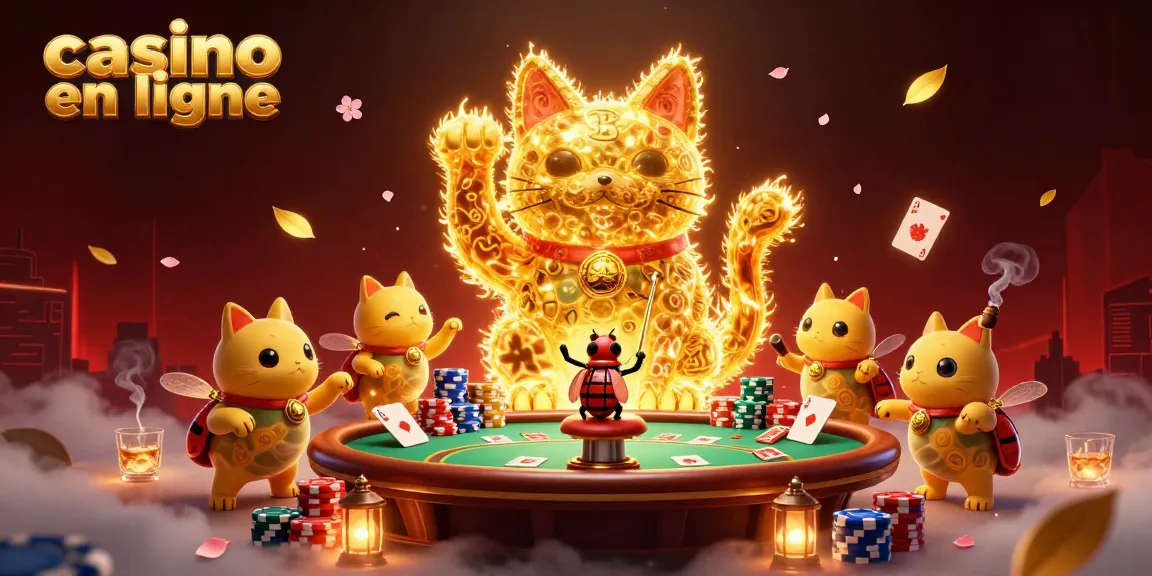 Une illustration dynamique de feuillages dorés en forme de chat porte-bonheur au casino en ligne.