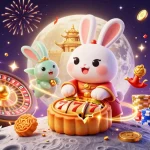 Mesin slot menampilkan gambar kelinci bulan yang mengocok koin emas di latar belakang.