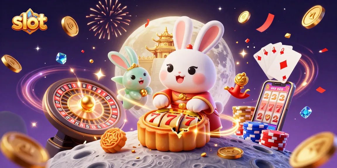 Mesin slot menampilkan gambar kelinci bulan yang mengocok koin emas di latar belakang.