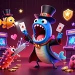 Superbe illustration pour un casino en ligne avec un poisson de lanterne et un poisson goulot montrant des tours de magie.