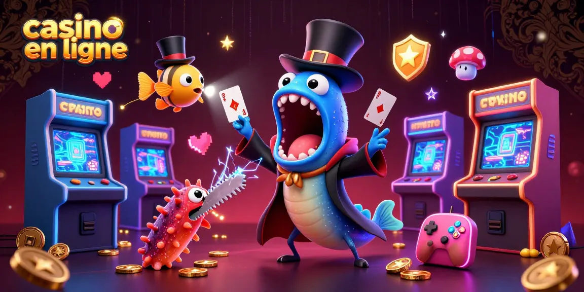 Superbe illustration pour un casino en ligne avec un poisson de lanterne et un poisson goulot montrant des tours de magie.