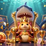 C168 offers thrilling slots experience with a fierce hamster king on a megalodon throne surrounded by vibrant casino elements.