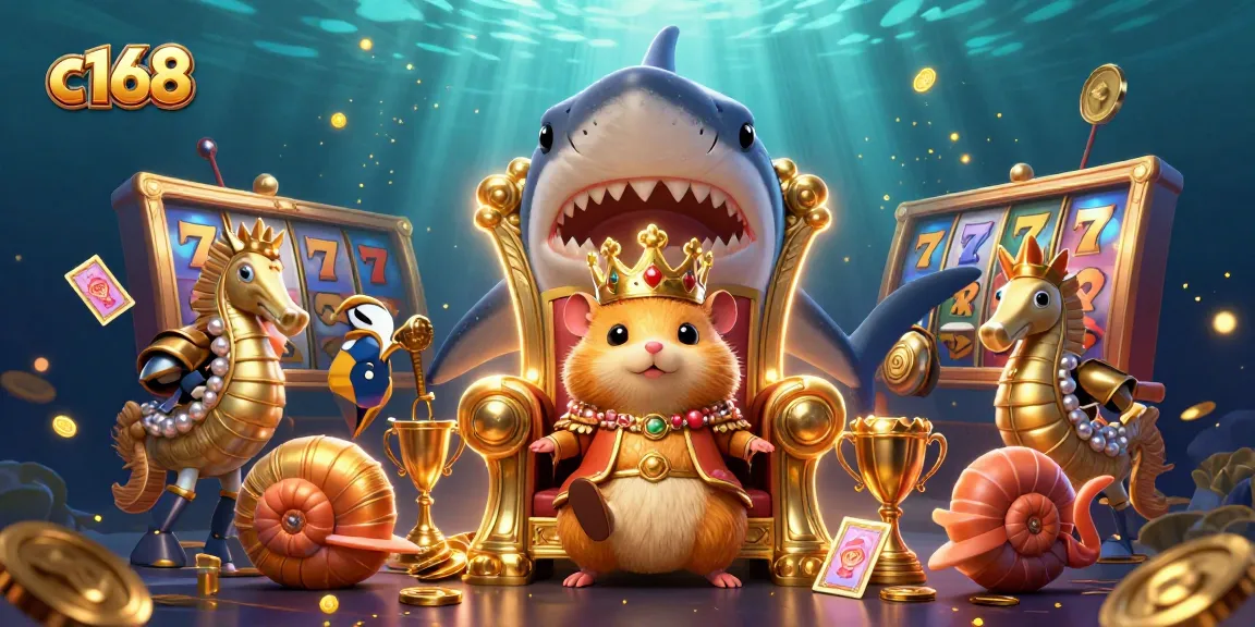 C168 offers thrilling slots experience with a fierce hamster king on a megalodon throne surrounded by vibrant casino elements.