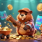 japan168 casino scene with cartoon beaver, coins and crypto elements creating excitement.