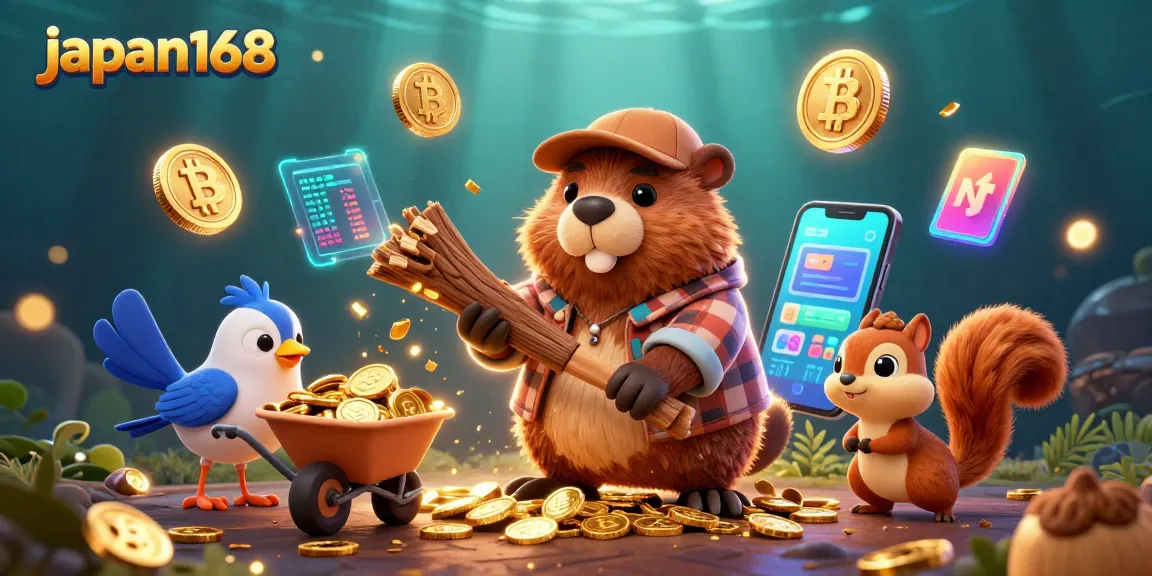 japan168 casino scene with cartoon beaver, coins and crypto elements creating excitement.