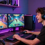 Gamer immersed in pakde4d Totomacau on a futuristic gaming setup.