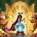 Illustration captivante de "casino en ligne" mettant en scène une mante fortune, une mite sage et des oracles en feu follet parmi des trésors scintillants.