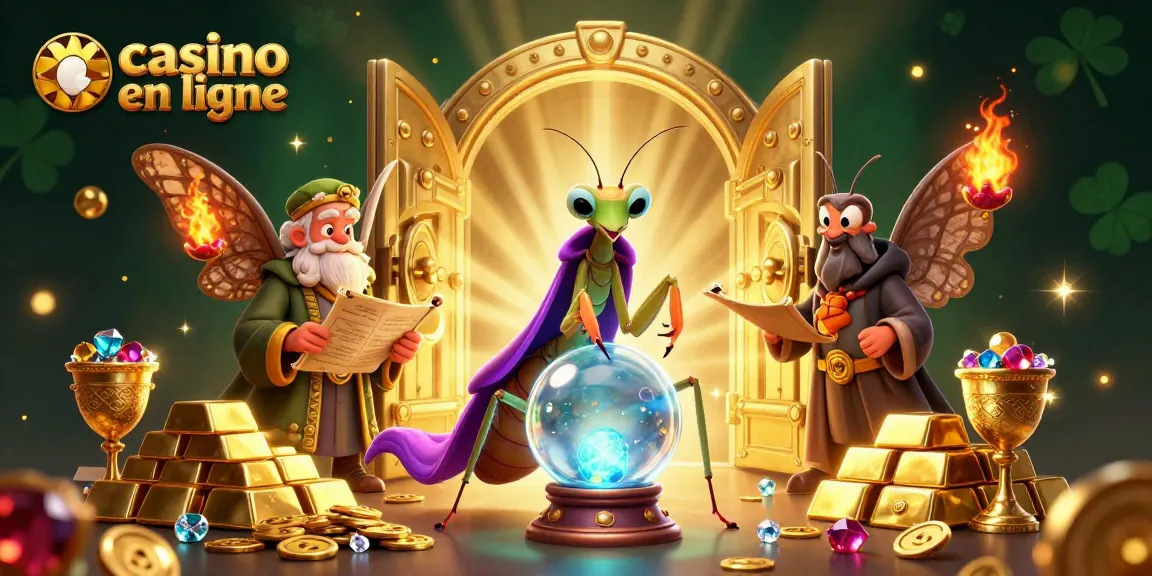 Illustration captivante de "casino en ligne" mettant en scène une mante fortune, une mite sage et des oracles en feu follet parmi des trésors scintillants.