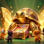 Des animaux s'amusent autour d'une machine à sous géante portant le logo casino en ligne.