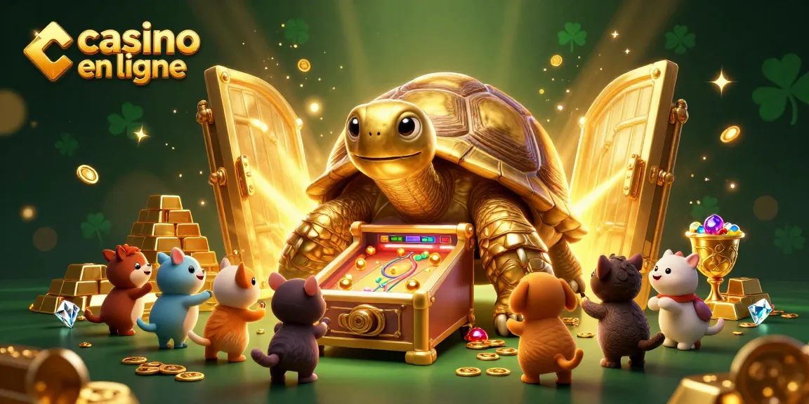 Des animaux s'amusent autour d'une machine à sous géante portant le logo casino en ligne.