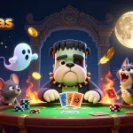 Casas de apuestas: un Bulldog Frankenstein y un gato lobo ofrecen cartas en una escena de juego emocionante.