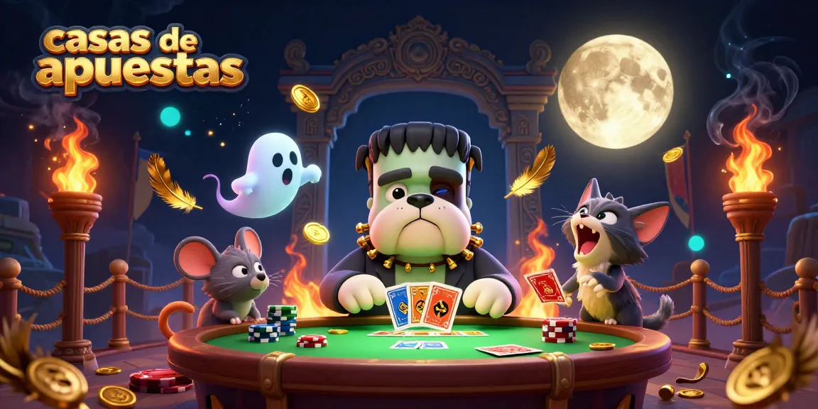 Casas de apuestas: un Bulldog Frankenstein y un gato lobo ofrecen cartas en una escena de juego emocionante.