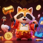 Illustration riche et colorée de casino en ligne avec un tanuki, une grue et des maneki-neko, symbolisant la chance.