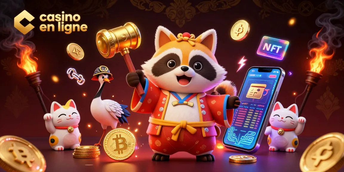 Illustration riche et colorée de casino en ligne avec un tanuki, une grue et des maneki-neko, symbolisant la chance.
