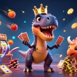 Plongez dans l'univers du casino en ligne avec un T-Rex jouant aux cartes et à côté de ses amis, enrichi de jetons et de trophées.
