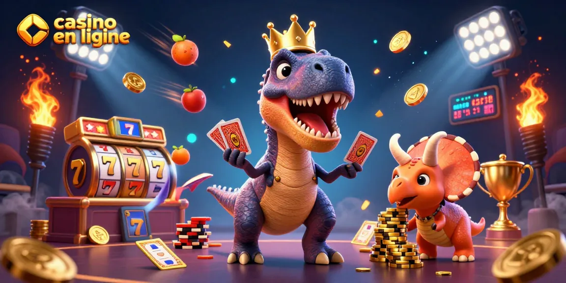 Plongez dans l'univers du casino en ligne avec un T-Rex jouant aux cartes et à côté de ses amis, enrichi de jetons et de trophées.