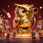 Masuk akun winter4d login sambil menggambarkan kasino dengan burung hantu emas animasi futuristik.