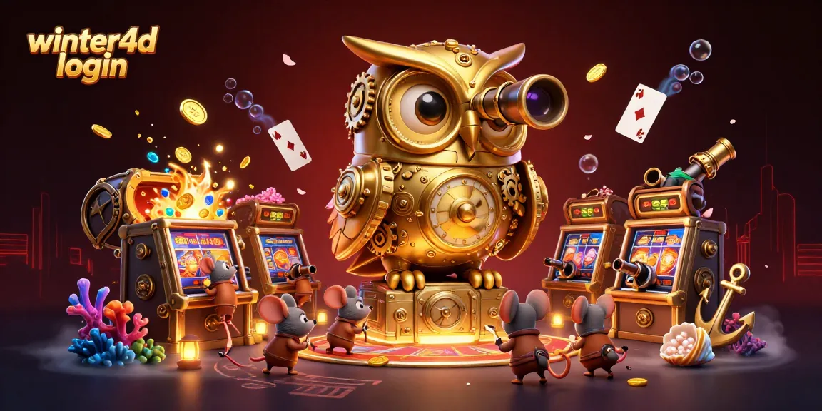 Masuk akun winter4d login sambil menggambarkan kasino dengan burung hantu emas animasi futuristik.