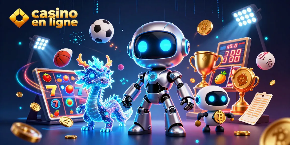 Gagnez aux jeux de casino en ligne avec un robot cybernétique aux yeux néon et un dragon IA holographique.
