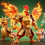 Profitez des gains du casino en ligne avec un guerrier coq et un dragon dans une scène dynamique.